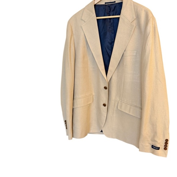 Douglas Hayward NWT 44 Linen blend Beige Blazer with Navy Lining- classic & raw - Picture 1 of 17